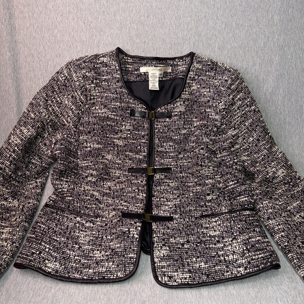 Studio M Women Blazer Jacket 12 Black Ivory Boucle Short